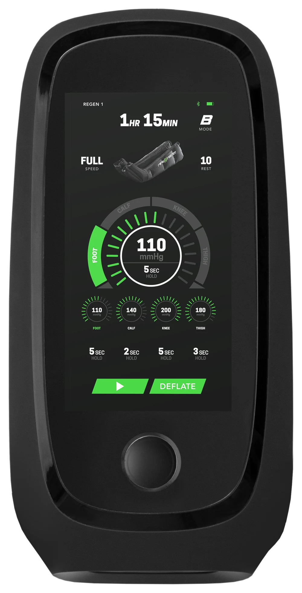 REGEN control unit screen: session time, mode, cycle speed, rest, per-chamber pressure and hold, and the deflate button